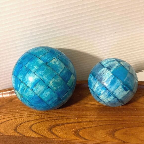 Nautical Beach Coastal Inlaid Blue Mosaic Decorative Orbs Home Decor  Set of 2 - Picture 4 of 7